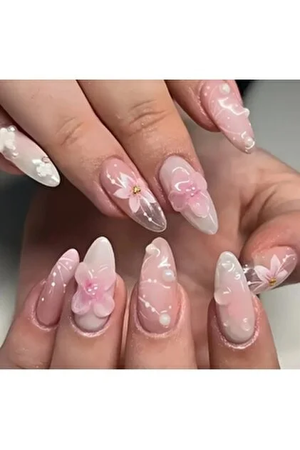 3D Floral Pink Acrylic Nails