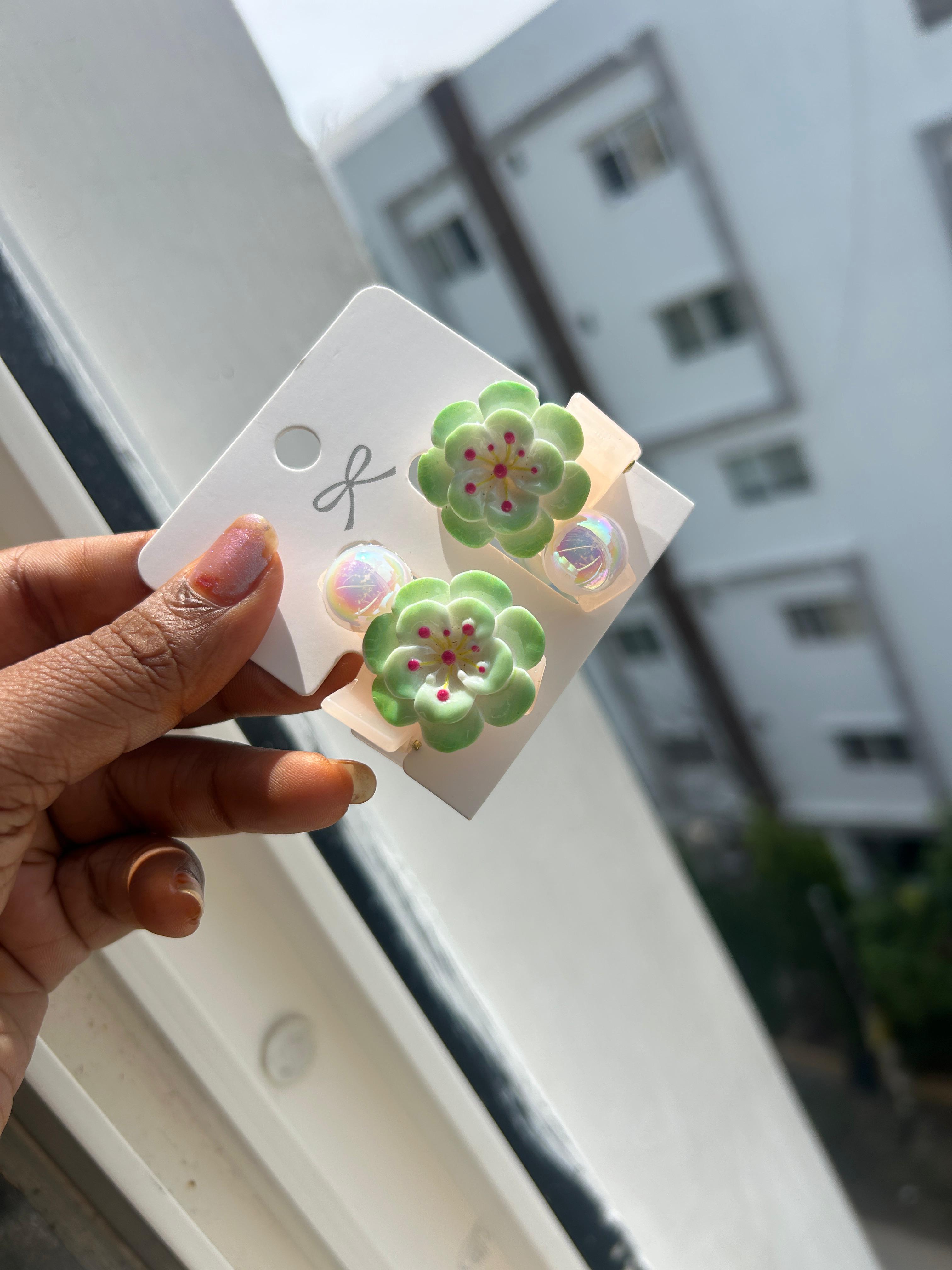 Korean Green Floral clips set of 2