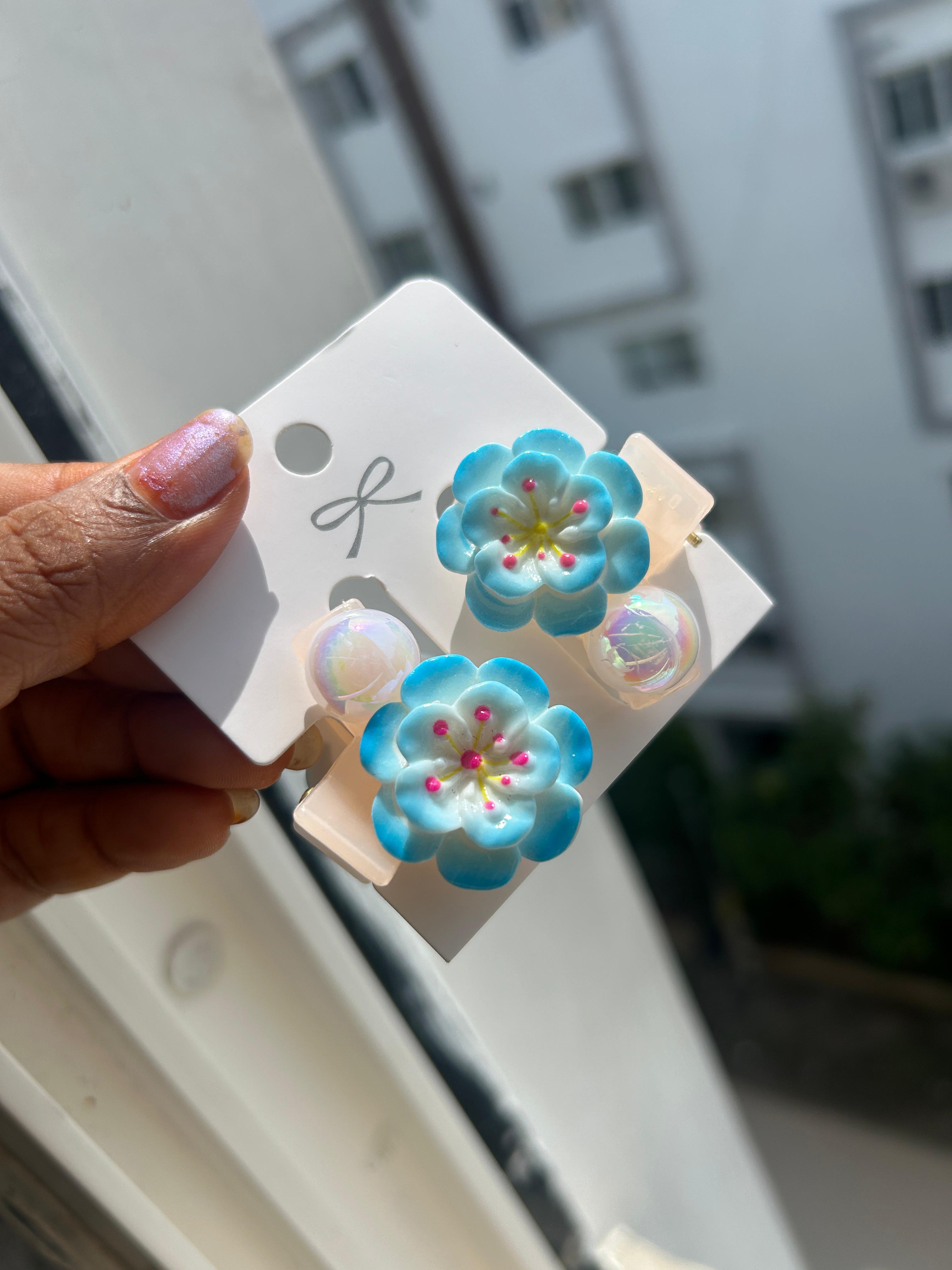 korean Blue Floral Clips set of 2