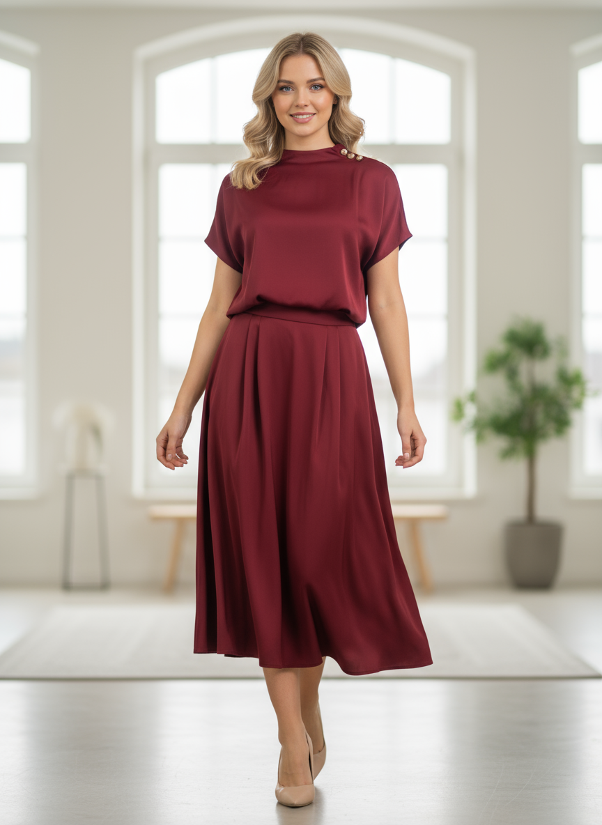 Elegant Burgundy Midi Satin Skirt