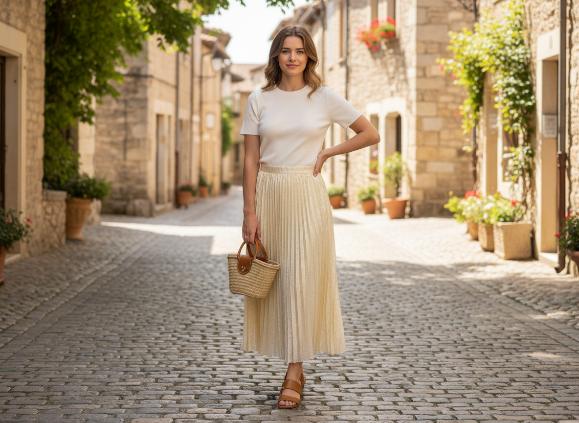 Cream Pleated Midi Skirt