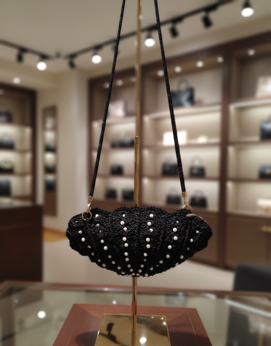 İnci Detaylı Siyah El Çantası