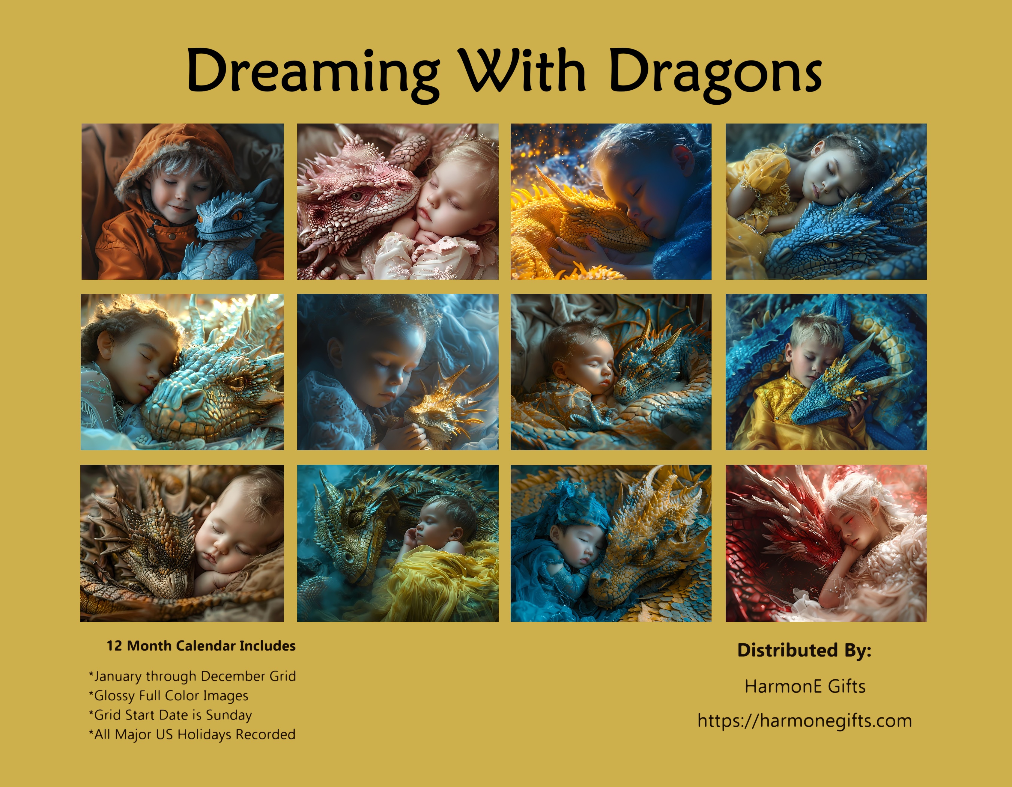 Dreaming With Dragons: 12 Month Fantasy Babies Cuddling with a Dragon Monthly Wall Calendar