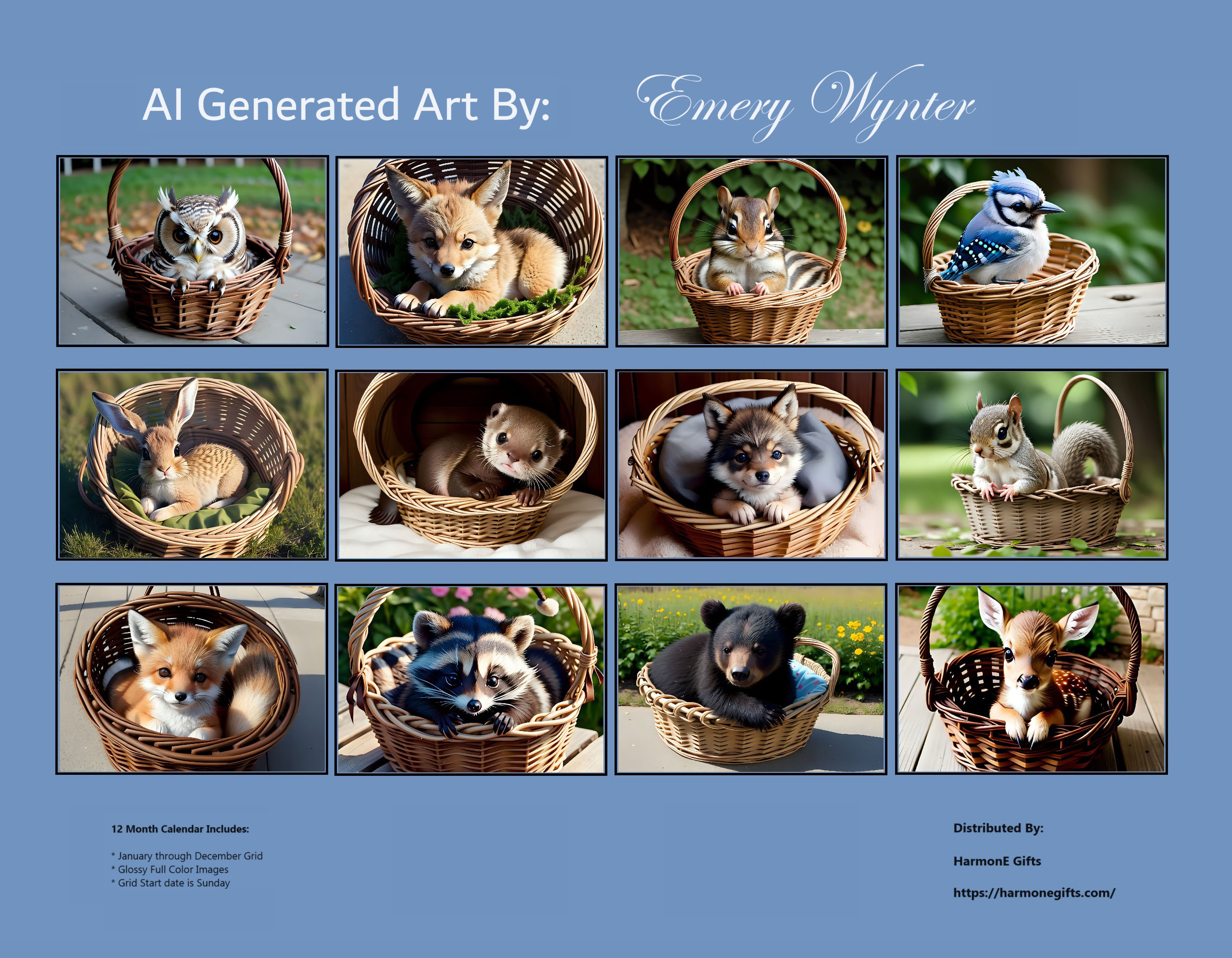 Wild Baby Animals in Baskets: 12 Month Animal Lover Monthly Wall Calendar