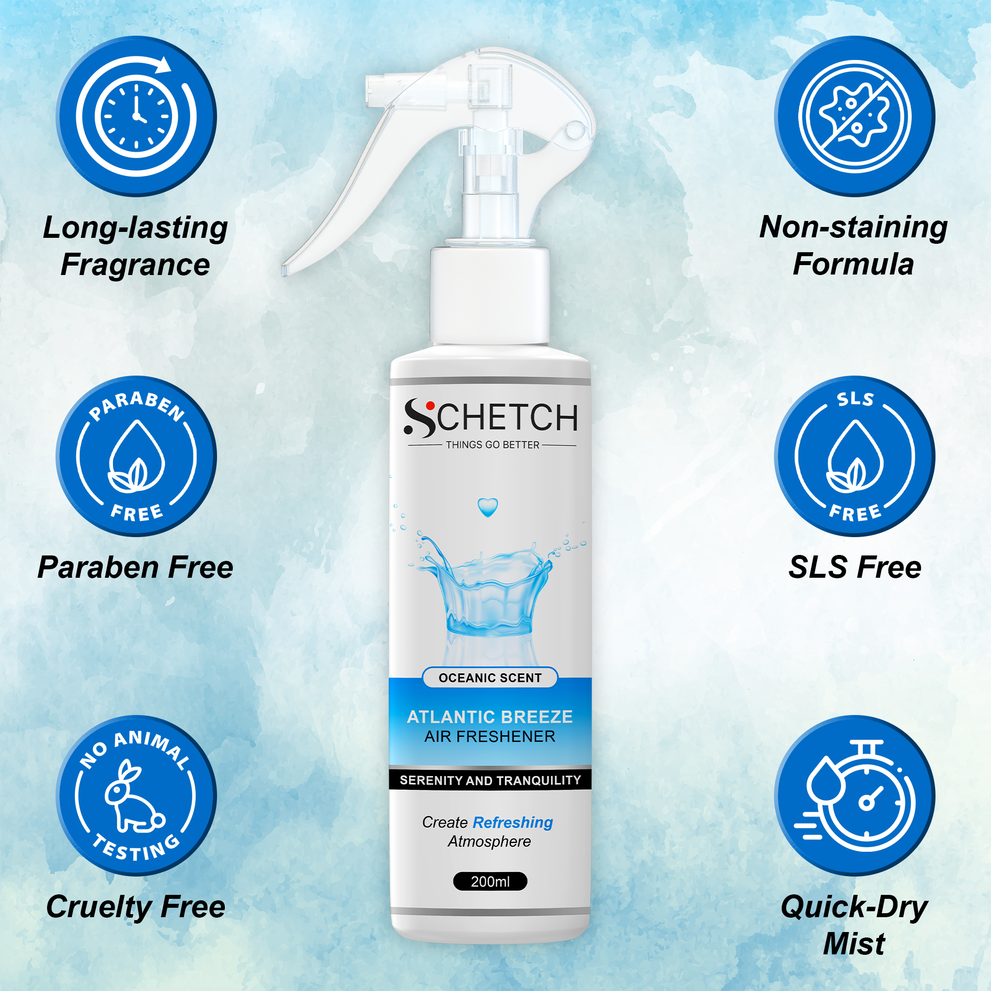 SCHETCH Air Freshener Spray | Atlantic Breeze Fragrances | Long-Lasting Odour Eliminator for Home, Hotel Rooms, Car, Toilet & Office Use - (200ml)