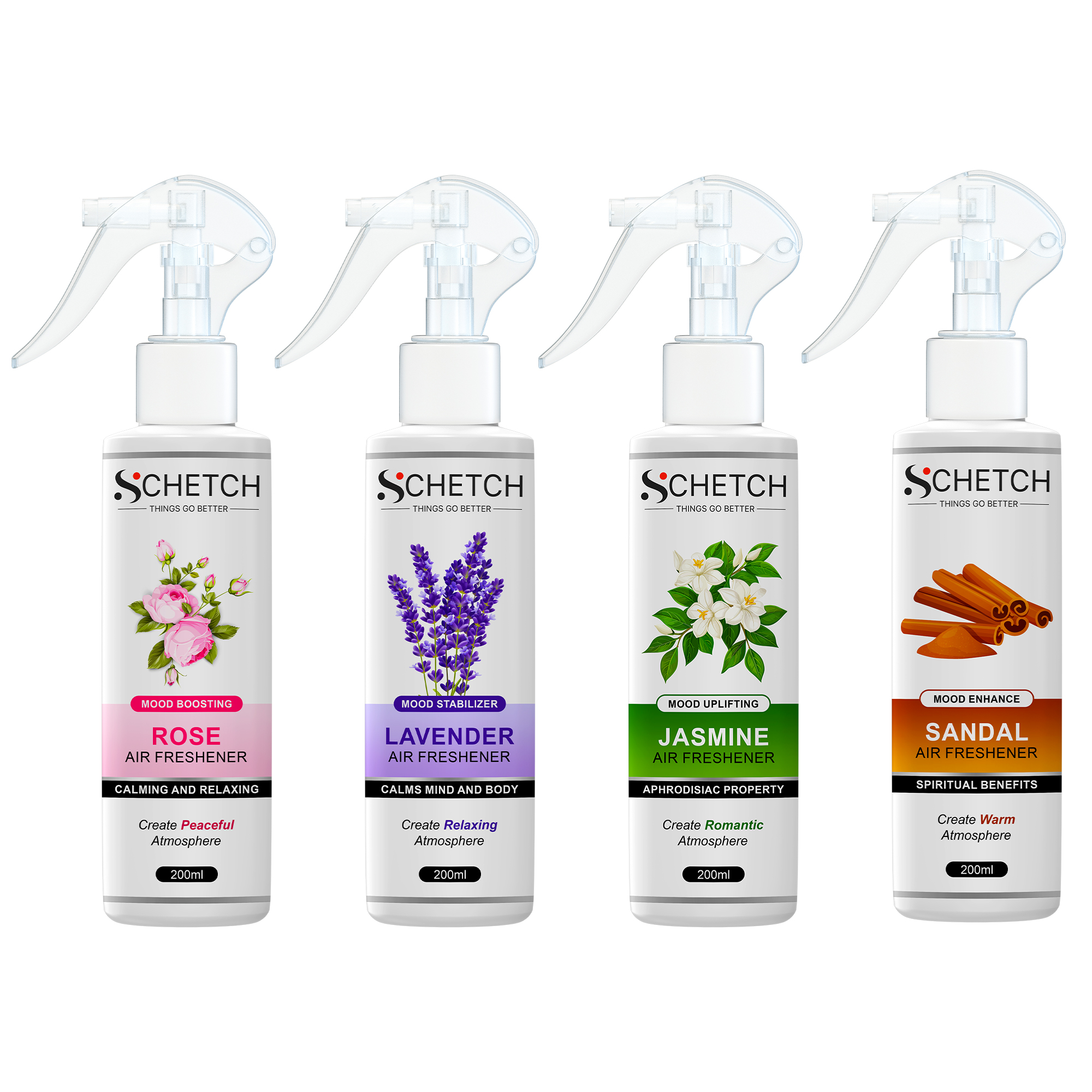 SCHETCH Air Freshener Spray Combo of 4 (200ml Each) | Rose, Lavender, Jasmine, Sandal Fragrances | Long-Lasting Odour Eliminator for Home, Hotel Rooms, Car, Toilet & Office Use