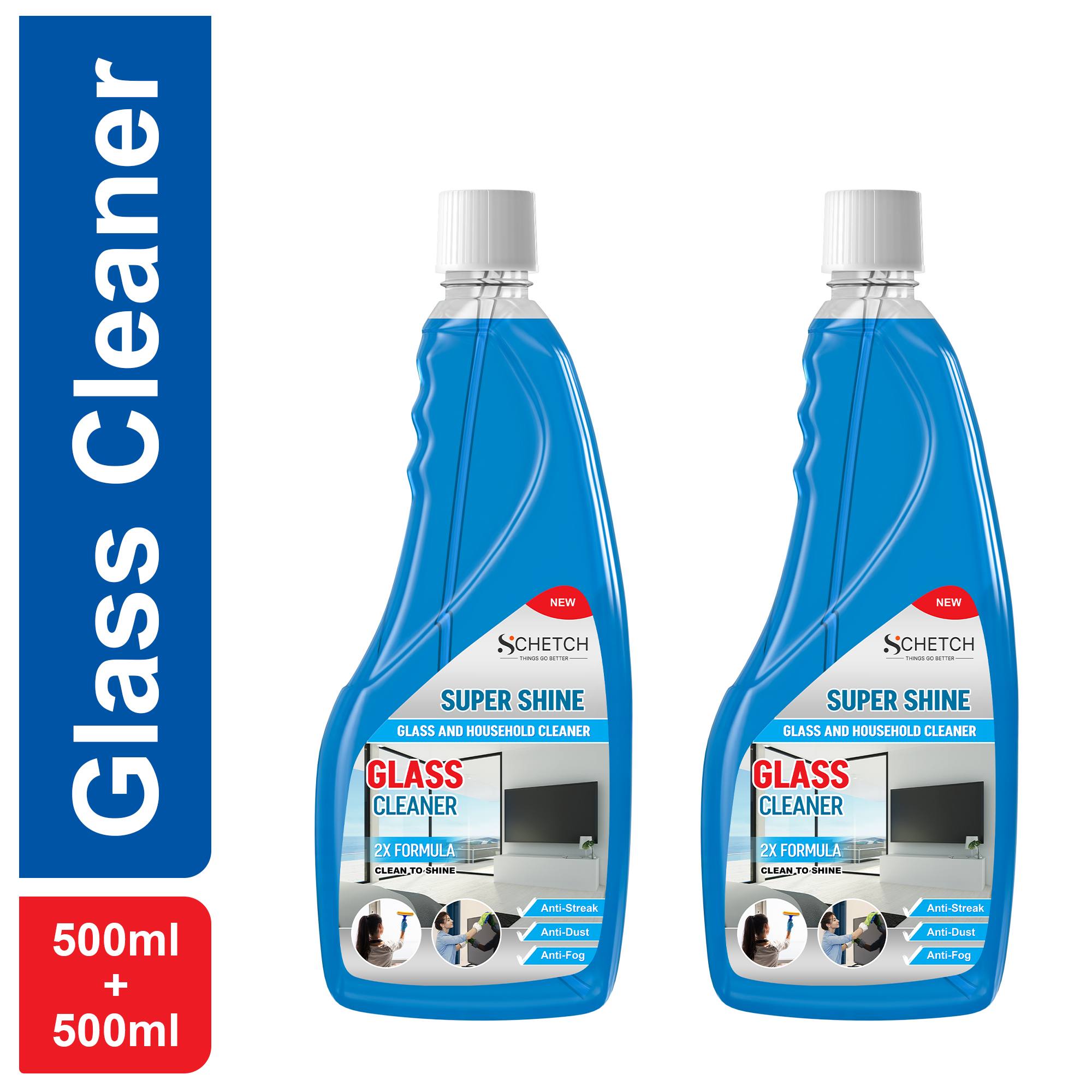 SCHETCH Glass and Surface Cleaner Liquid | All-Purpose Glass Cleaner for Car, Kitchen and Home Surfaces | Multi Surface Cleaner - 500 ml Pack of 2