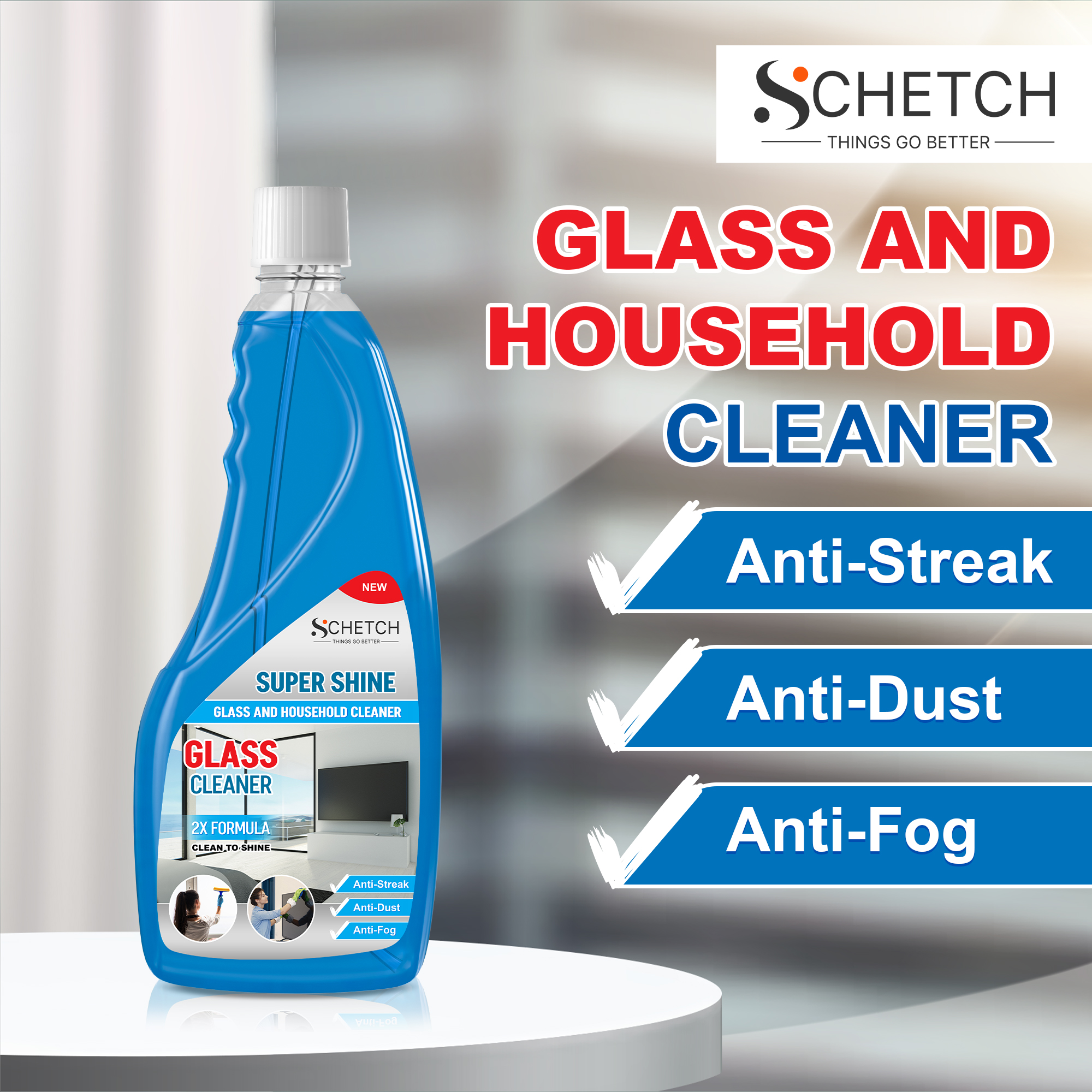 SCHETCH Glass and Surface Cleaner Liquid | All-Purpose Glass Cleaner for Car, Kitchen and Home Surfaces | Multi Surface Cleaner - 500 ml  Pack of 2