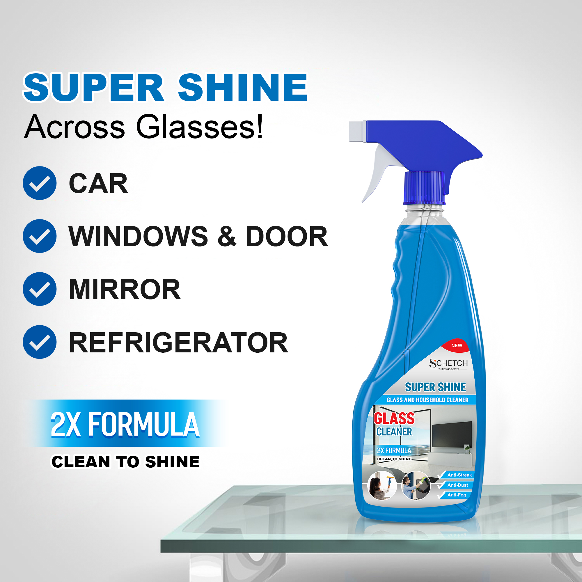 SCHETCH Glass and Surface Cleaner Liquid Spray | All-Purpose Glass Cleaner for Car, Kitchen and Home Surfaces | Multi Surface Cleaner - 500 ml  (Pack of 2)