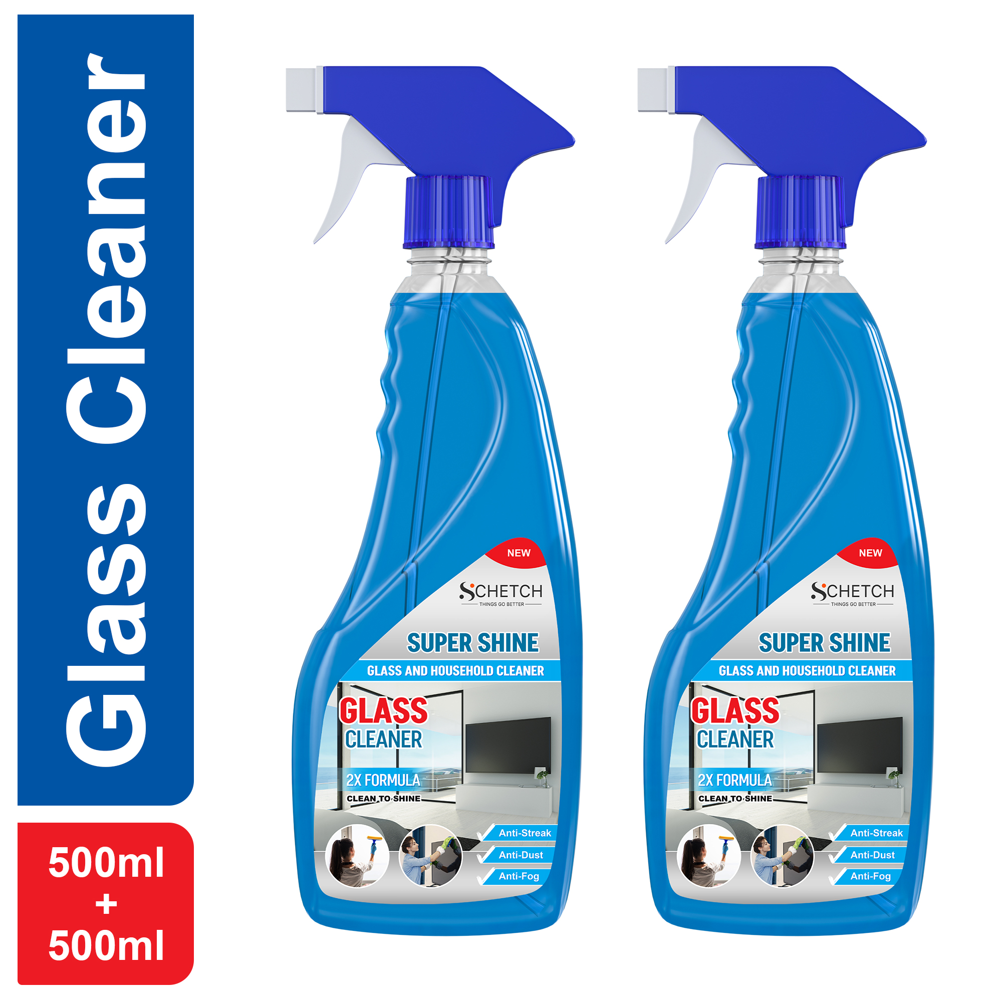 SCHETCH Glass and Surface Cleaner Liquid Spray | All-Purpose Glass Cleaner for Car, Kitchen and Home Surfaces | Multi Surface Cleaner - 500 ml (Pack of 2)