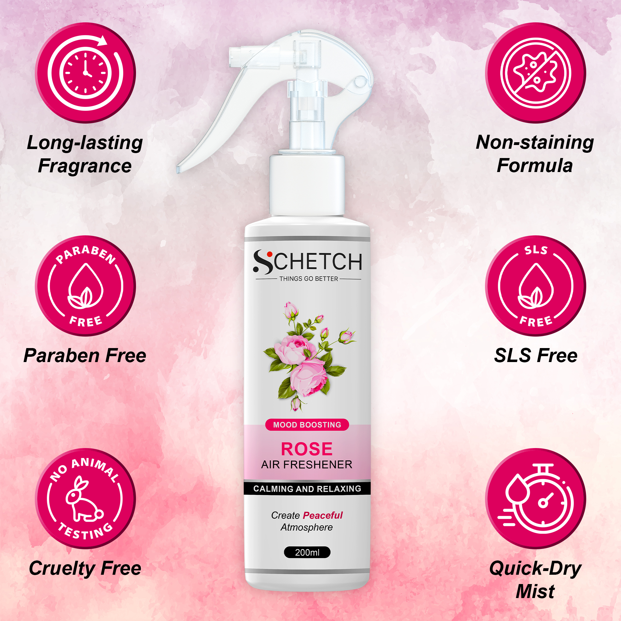 SCHETCH Air Freshener Spray Combo of 4 (200ml Each) | Rose, Lavender, Jasmine, Sandal Fragrances | Long-Lasting Odour Eliminator for Home, Hotel Rooms, Car, Toilet & Office Use
