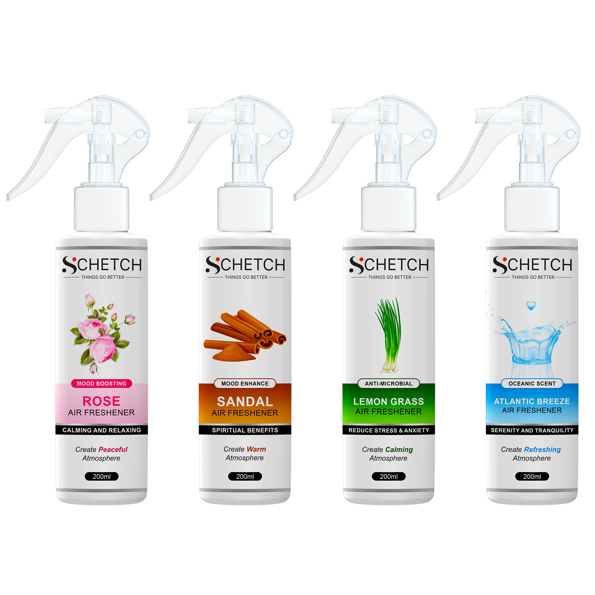 SCHETCH Air Freshener Spray Combo of 4 (200ml Each) | Rose, Sandal Wood, Lemongrass, Atlantic Breeze Fragrances | Long-Lasting Odour Eliminator for Home, Hotel Rooms, Car, Toilet & Office Use