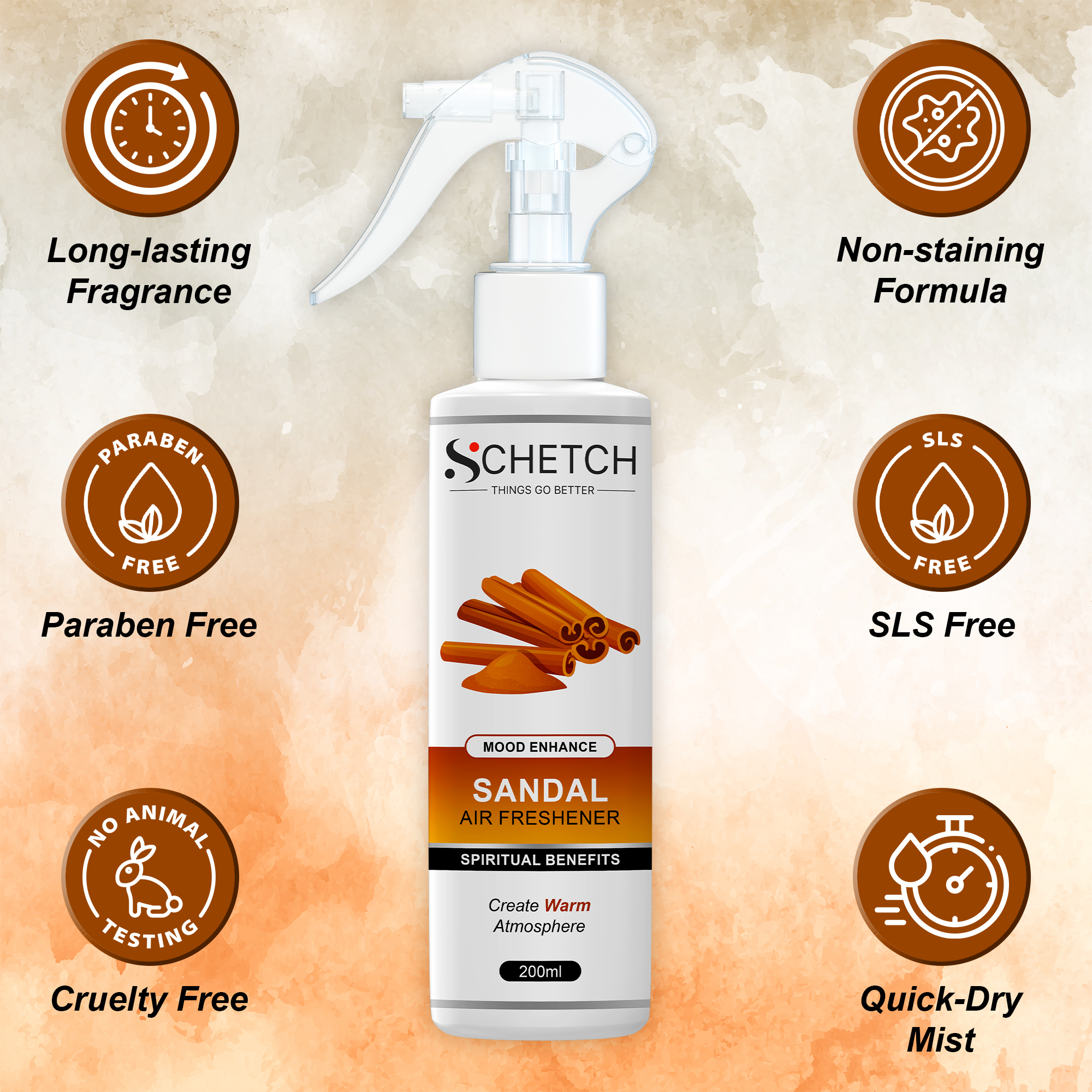 SCHETCH Air Freshener Spray | Sandal Wood Fragrances | Long-Lasting Odour Eliminator for Home, Hotel Rooms, Car, Toilet & Office Use - (200ml)