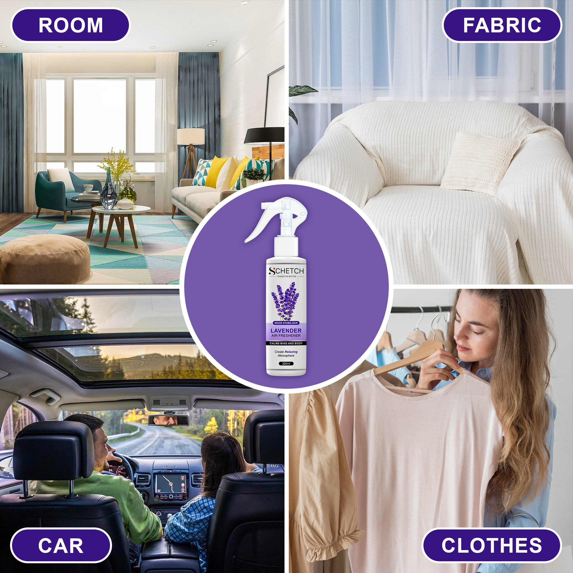 SCHETCH Air Freshener Spray | Lavender Fragrances | Long-Lasting Odour Eliminator for Home, Hotel Rooms, Car, Toilet & Office Use - (200ml)