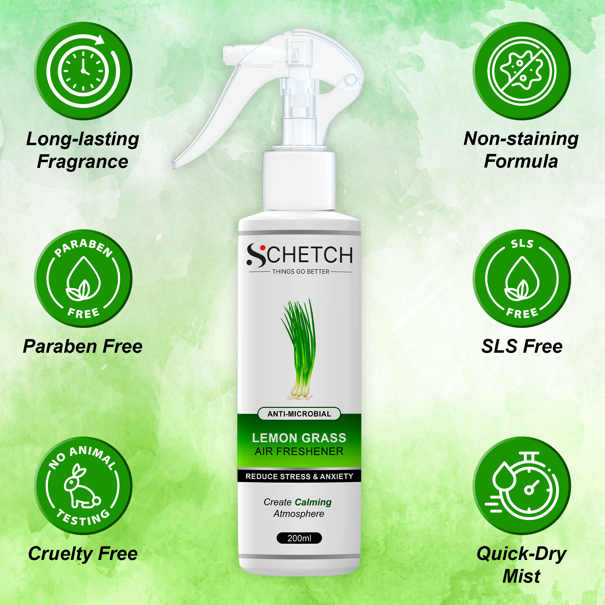SCHETCH Air Freshener Spray | Lemon Grass Fragrances | Long-Lasting Odour Eliminator for Home, Hotel Rooms, Car, Toilet & Office Use - (200ml)