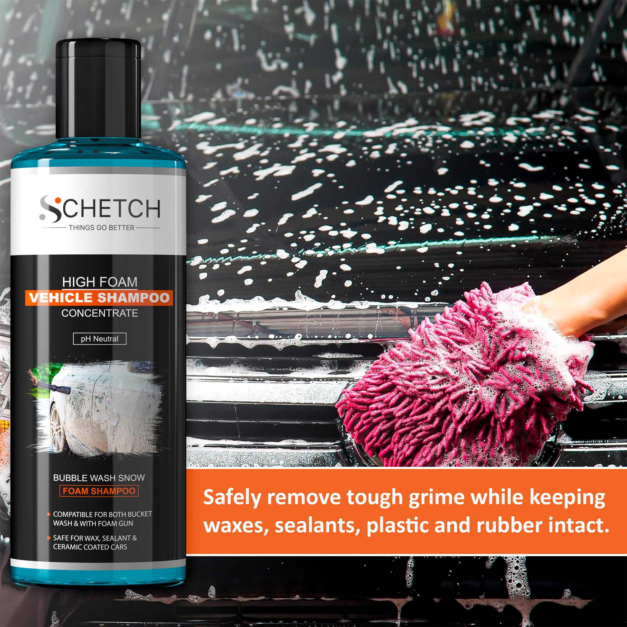 SCHETCH Bubble Wash Foam Car Wash Shampoo – pH Neutral, High Foaming Car & Bike Wash Liquid – Shine-Enhancing Formula – Works with Foam Cannon & Bucket Wash (Pack of 1 (200ml))