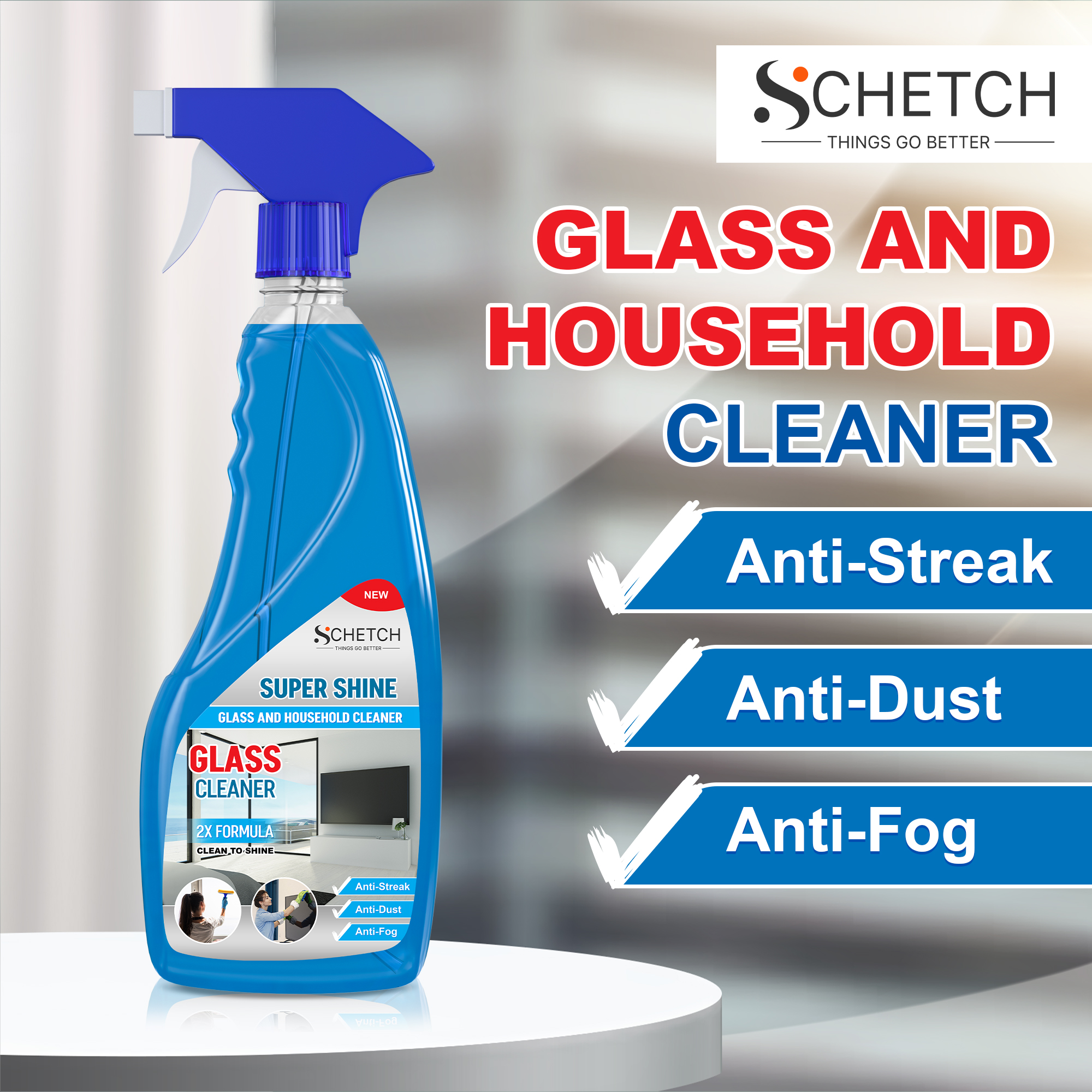 SCHETCH Glass and Surface Cleaner Liquid Spray | All-Purpose Glass Cleaner for Car, Kitchen and Home Surfaces | Multi Surface Cleaner - 500 ml  (Pack of 2)