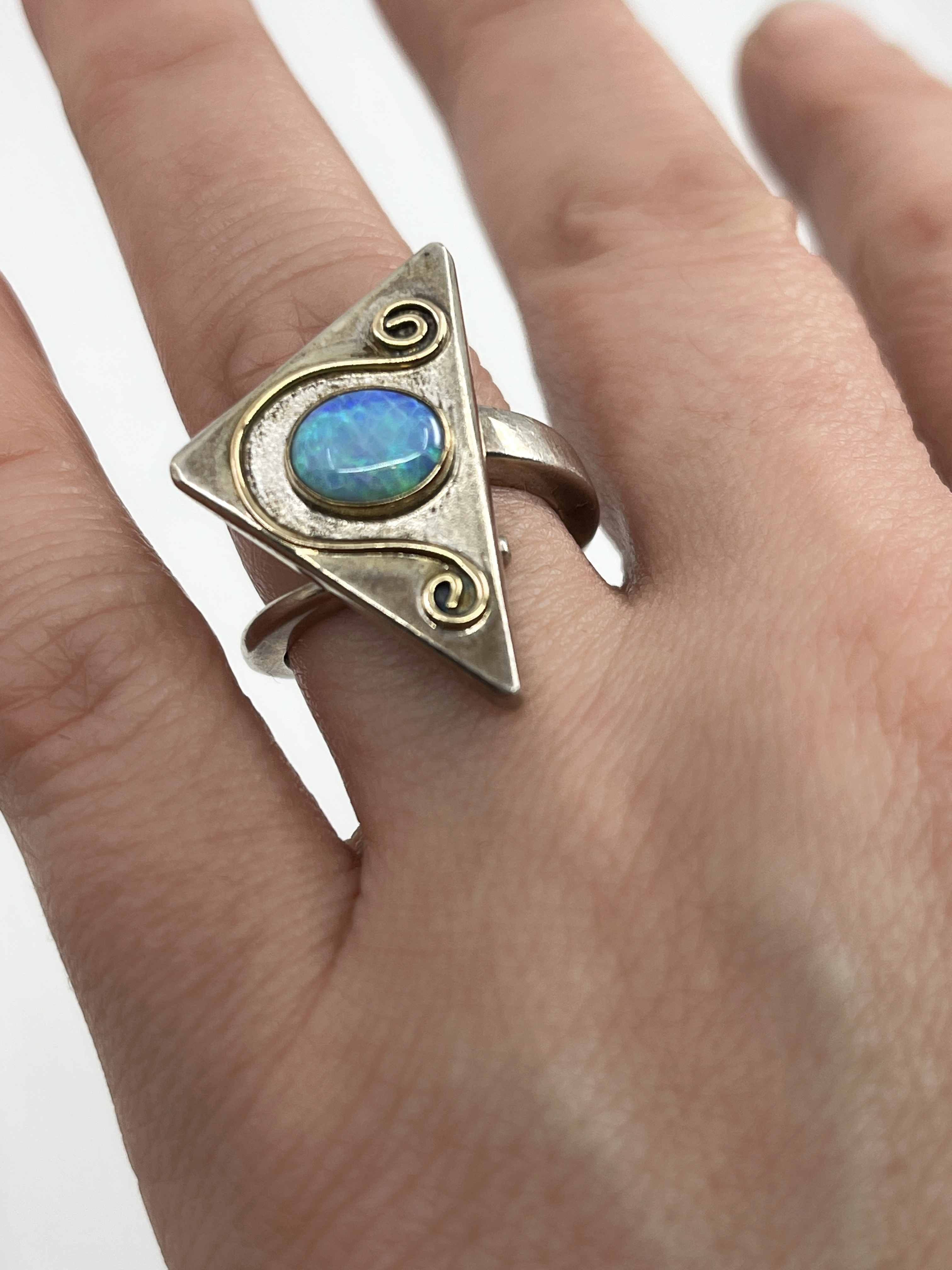 .925 Silver Ring with 14K swirl & Blue Opal