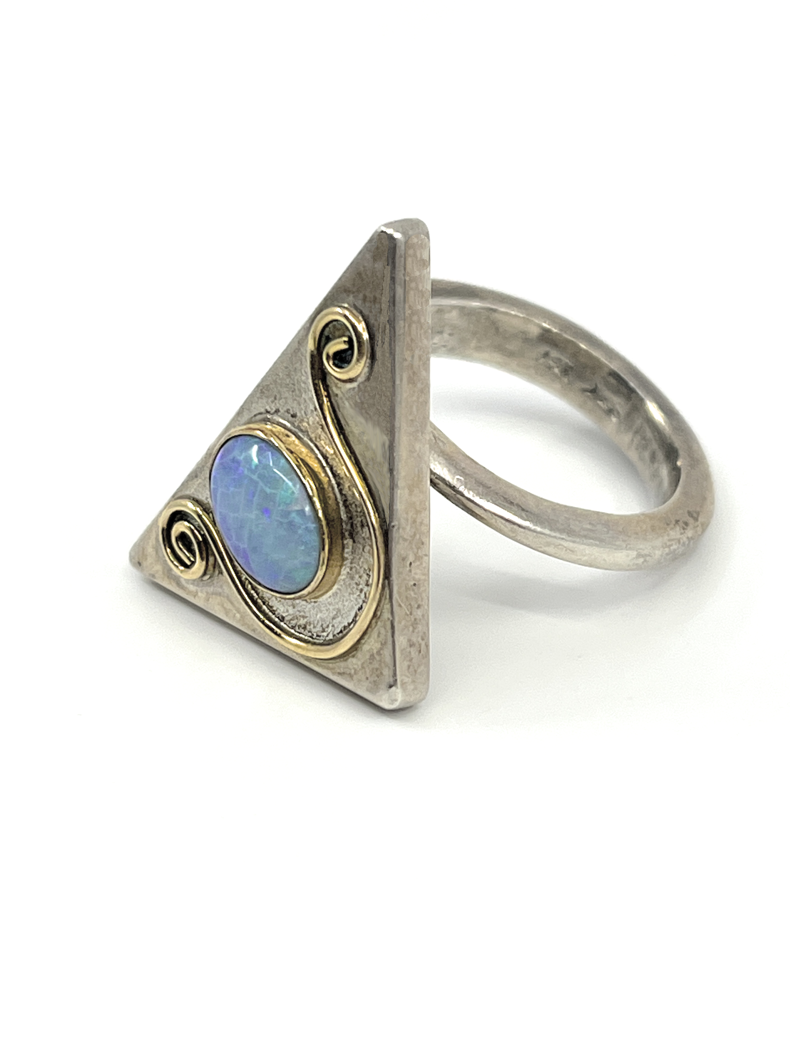 .925 Silver Ring with 14K swirl & Blue Opal
