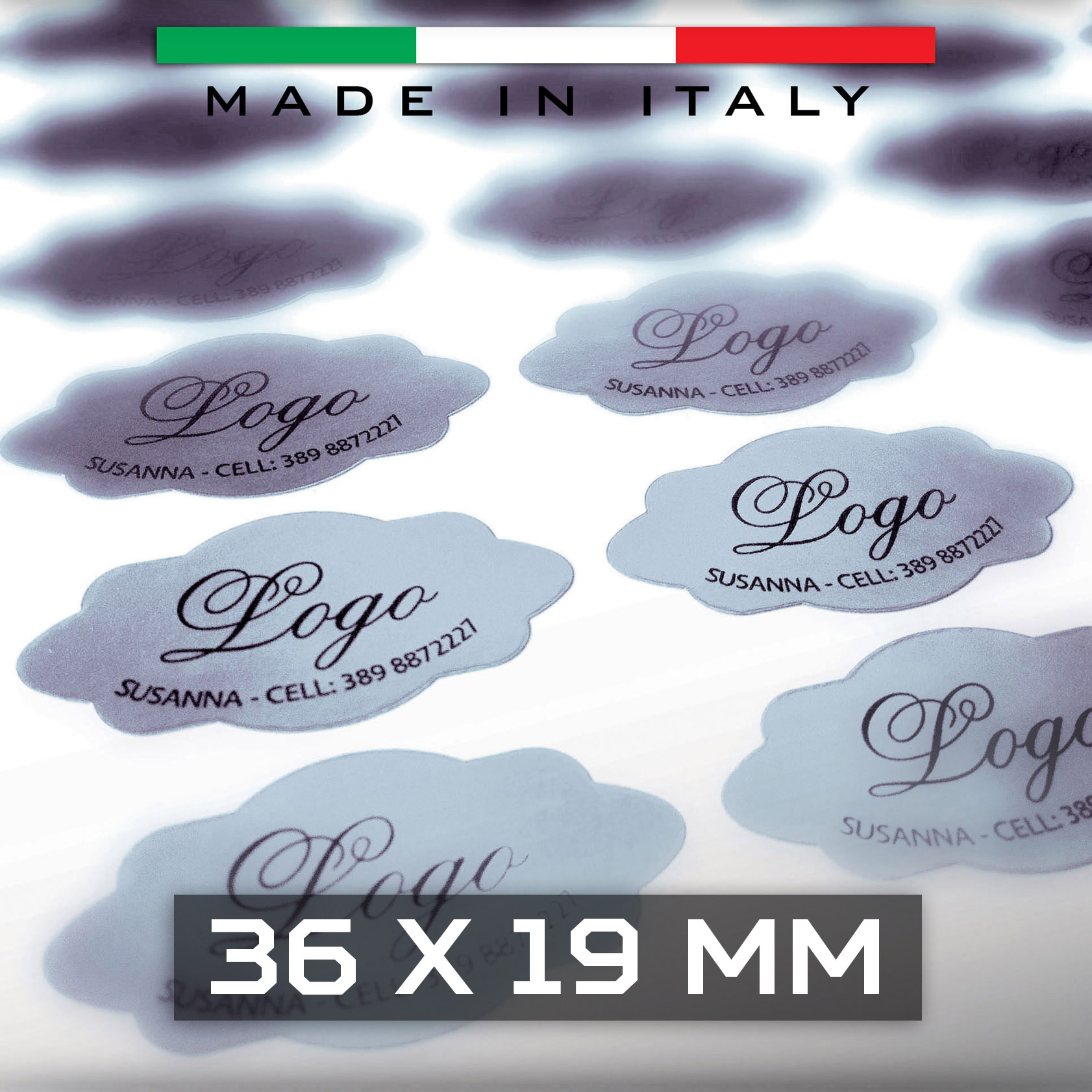 Etichette adesive in carta satinata oro o argento 36x19 mm