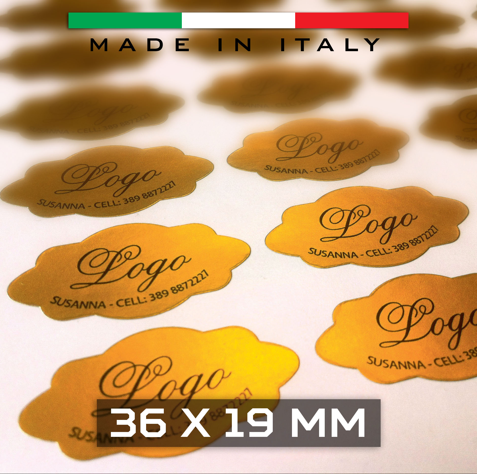 Etichette adesive in carta satinata oro o argento 36x19 mm