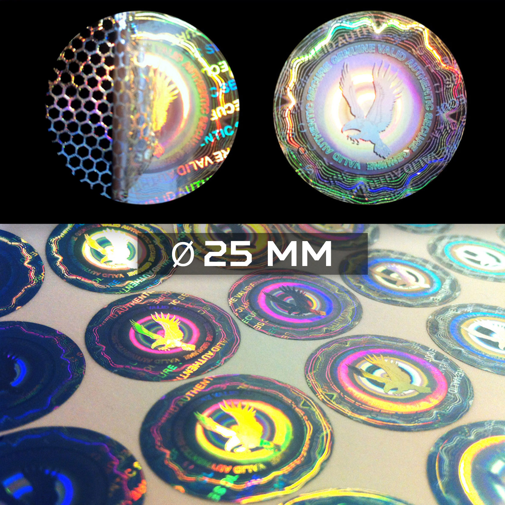 Sigilli adesivi olografici antimanomissione Ø25 mm (cod. H18-S)