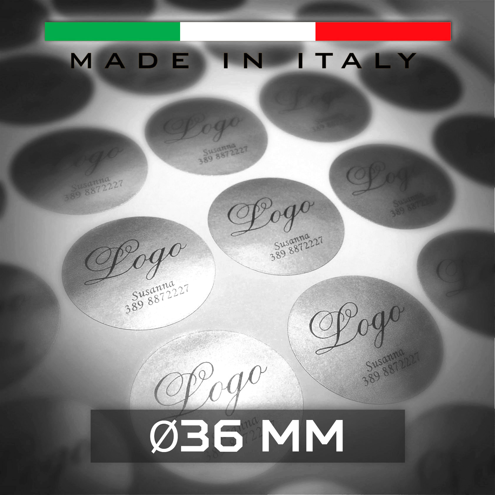 Etichette adesive in carta satinata oro o argento Ø 36 mm