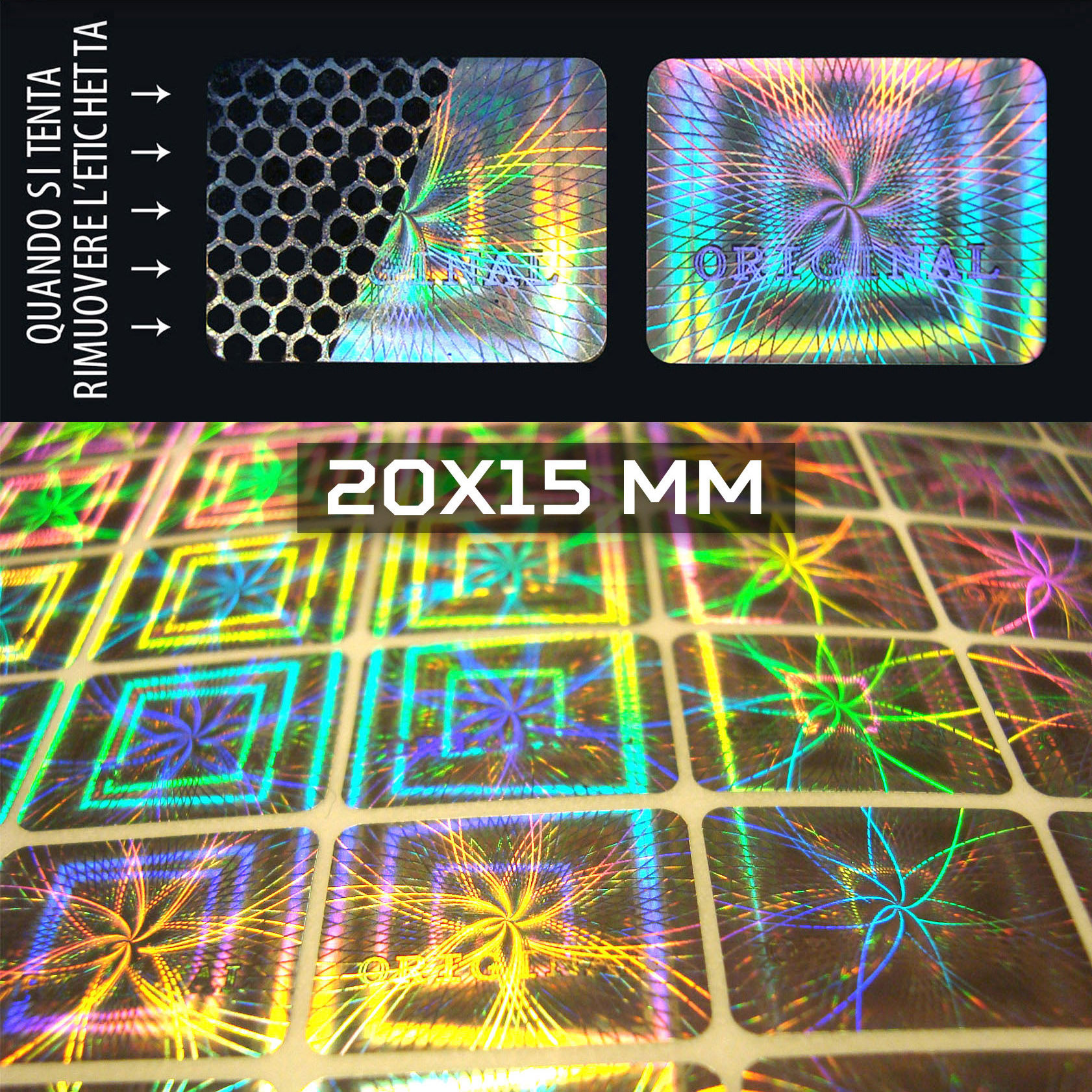 Sigilli adesivi olografici antimanomissione 20x15 mm (cod. H10-S)