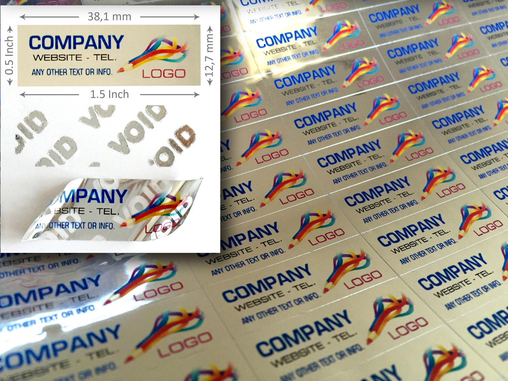 Sigilli adesivi antimanomissione VOID (effetto specchio) 38.1x12.7 mm