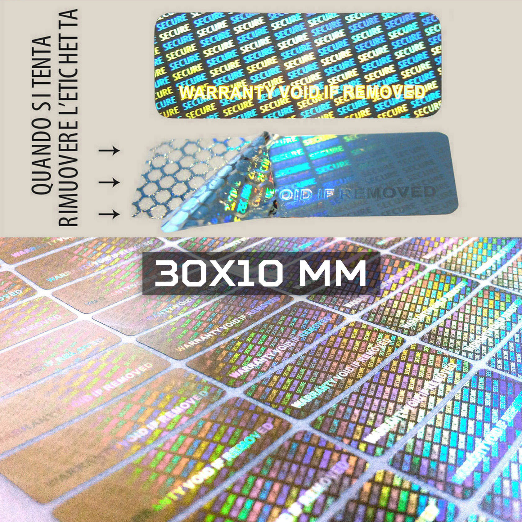 Sigilli adesivi olografici antimanomissione 10x30 mm (cod. H8-S)