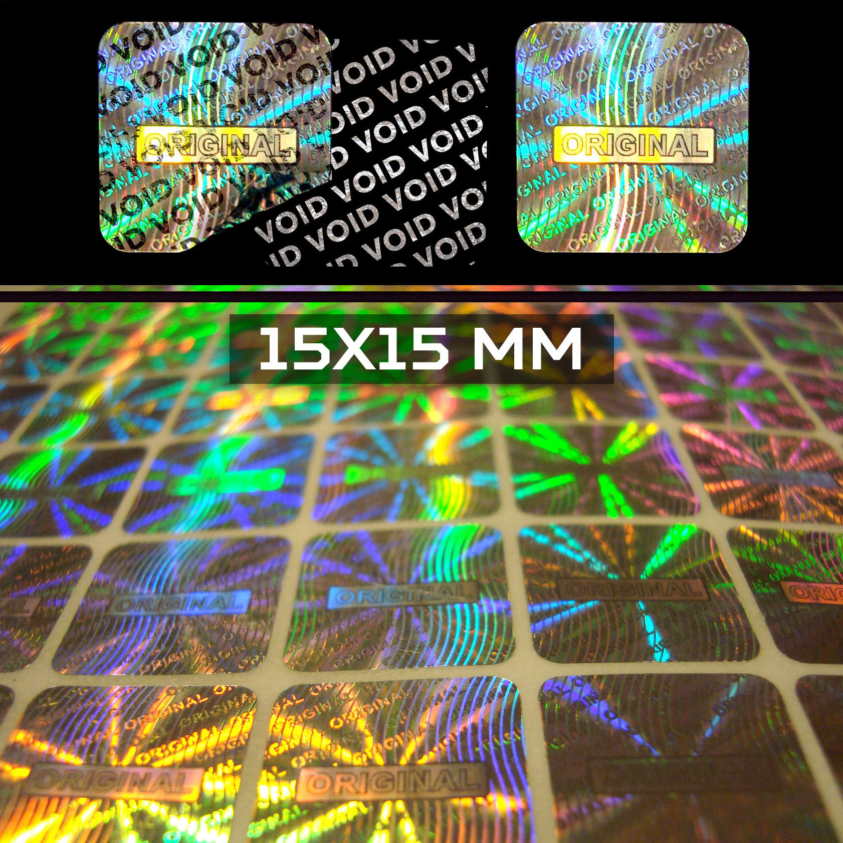 Sigilli adesivi olografici antimanomissione 15x15 mm (cod. H6-S)