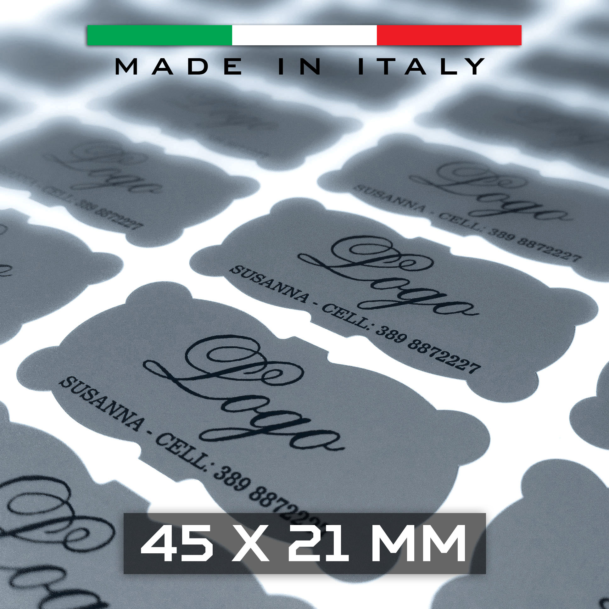 Etichette adesive in carta satinata oro o argento 45x21 mm