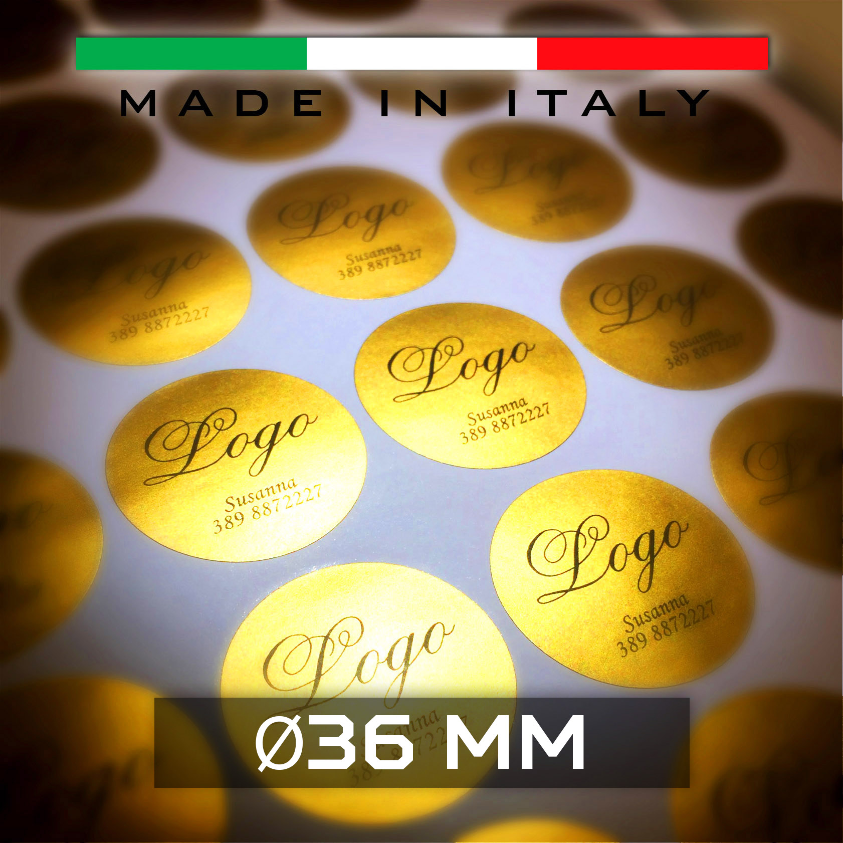 Etichette adesive in carta satinata oro o argento Ø 36 mm