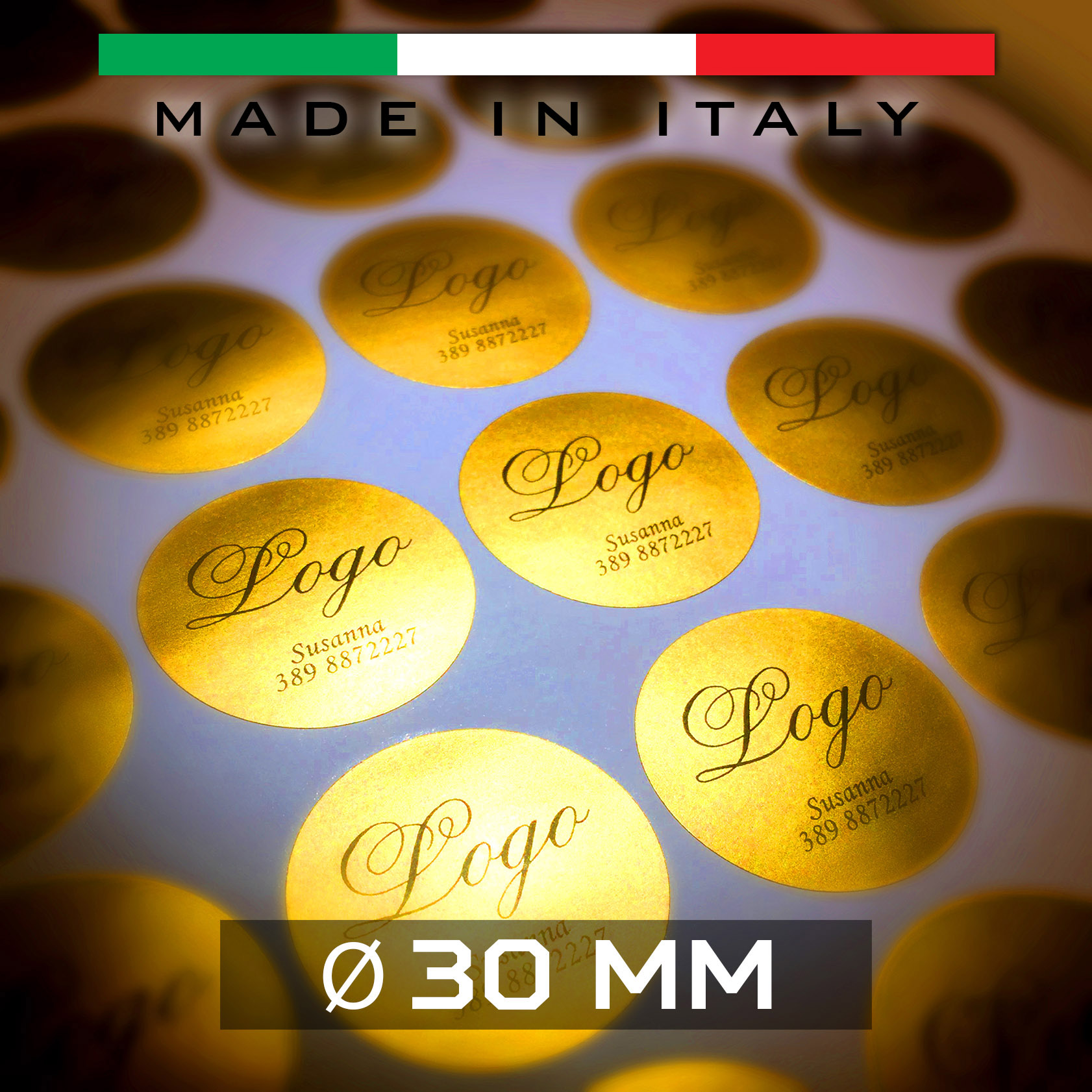Etichette adesive in carta satinata oro o argento Ø 30 mm