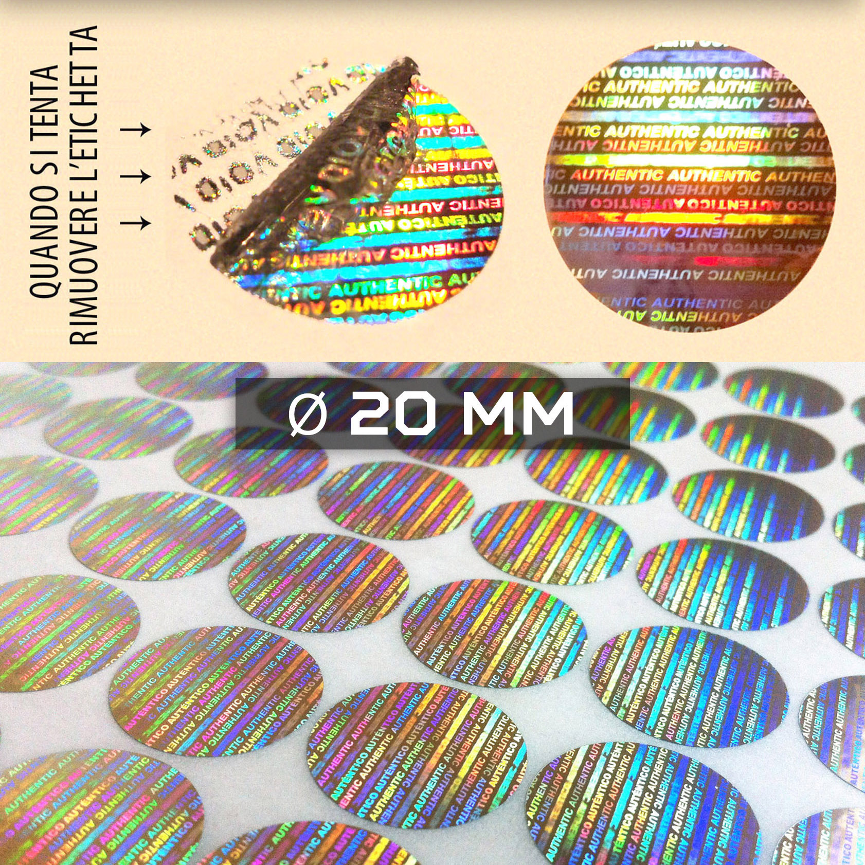Sigilli adesivi olografici antimanomissione Ø20 mm (cod. H14-S)