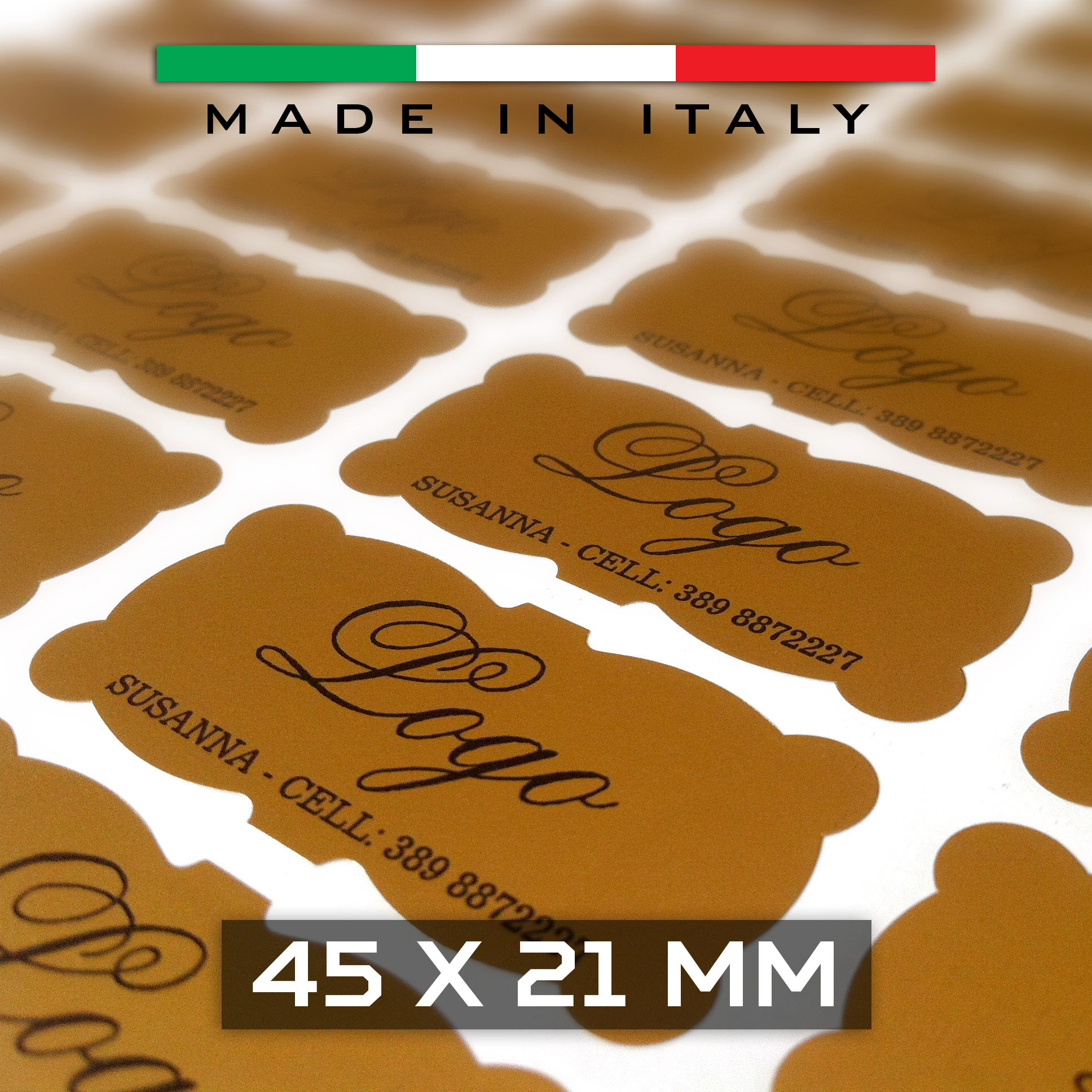 Etichette adesive in carta satinata oro o argento 45x21 mm