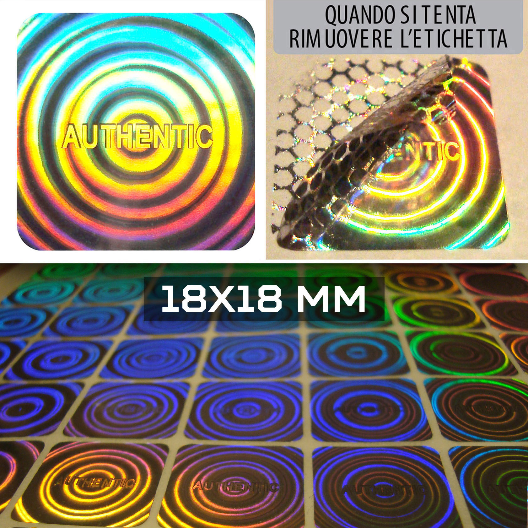 Sigilli adesivi olografici antimanomissione 18x18 mm (cod. H9-S)