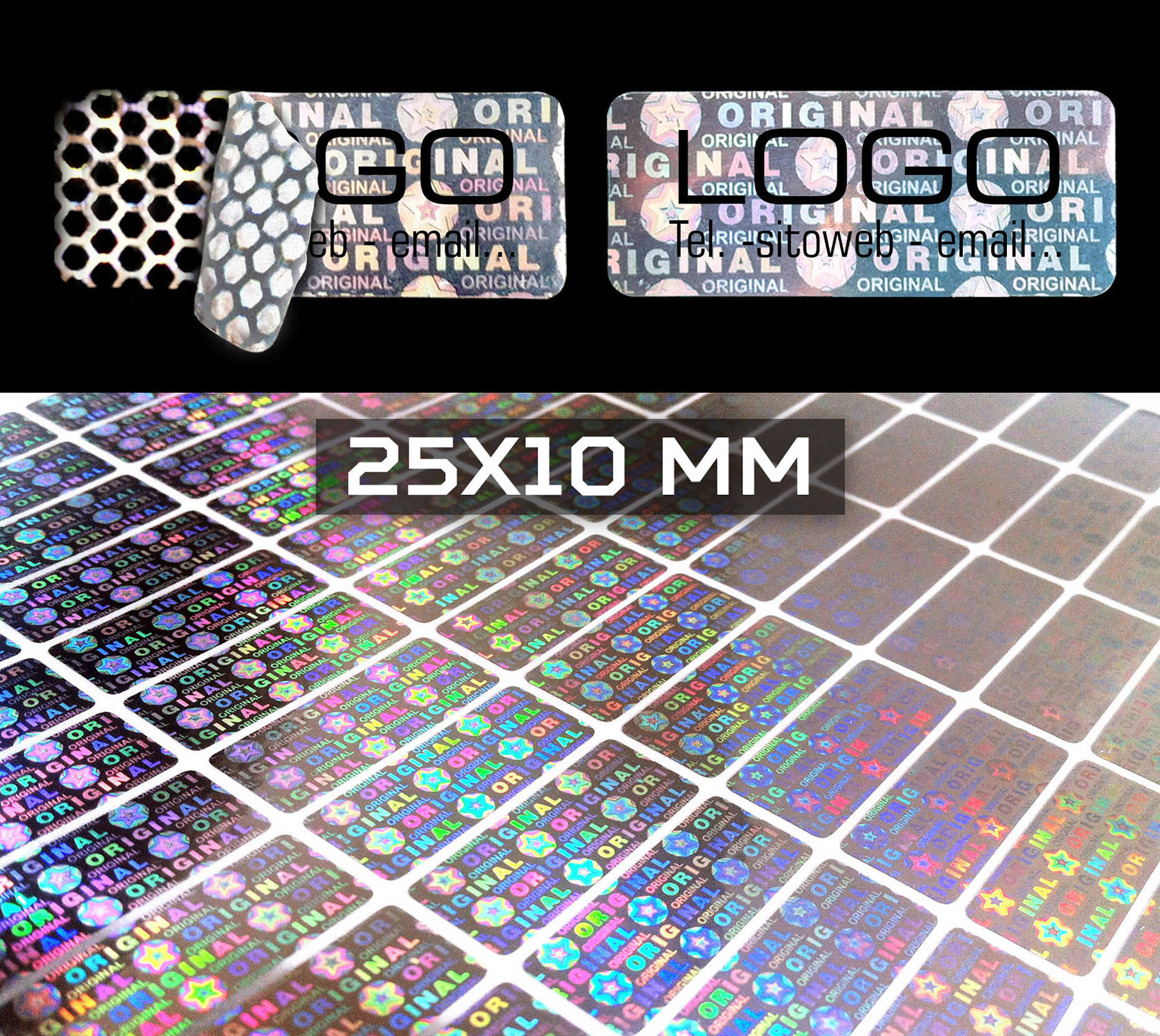 Sigilli adesivi olografici antimanomissione 25x10 mm
