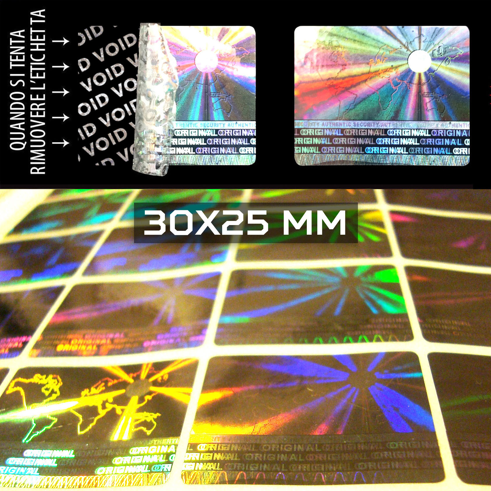 Sigilli adesivi olografici antimanomissione 25x30 mm (cod. H20-S)