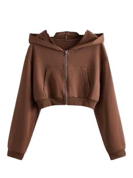 Casual Wear Solid Crop Zipper Jacket Hooded Neck Full Sleeves Hoodie for Women
