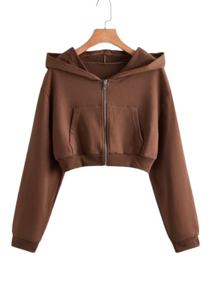 Casual Wear Solid Crop Zipper Jacket Hooded Neck Full Sleeves Hoodie for Women