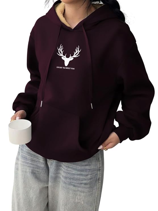 TOGS & TERRE Stylish Printed Fur Hoodie for Women | Winter Wear Hooded Sweatshirt | Cozy Hoodies for Women Lucky