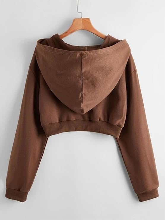 Casual Wear Solid Crop Zipper Jacket Hooded Neck Full Sleeves Hoodie for Women