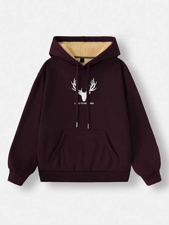 TOGS & TERRE Stylish Printed Fur Hoodie for Women | Winter Wear Hooded Sweatshirt | Cozy Hoodies for Women Lucky