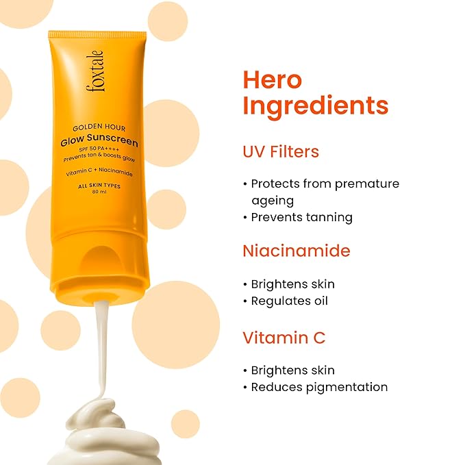 Foxtale SPF 50 Vitamin C & Niacinamide Glow Sunscreen with PA++++ | Lightweight, Fast Absorbing | UVA & UVB Filters | Prevents Tanning, No White Cast | Non-Greasy | For Men & Women, All Skin Types - 80 Ml