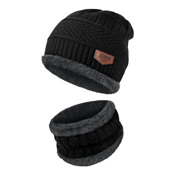 Fitness Mantra® Beanie Cap & Muffler for Men & Women| Beanie Cap| Woolen Topaa| Winter Cap| Head & Neck Warmer| Black Color| 1 Set|