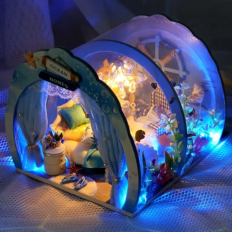 DIY คอทเทจธีมทะเล ชุดประกอบมินิเอเชอร์ 3D บ้านจิ๋ว ของตกแต่ง