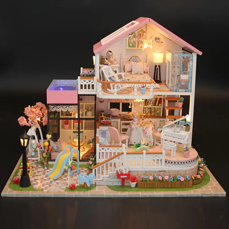 ชุดประกอบโมเดลบ้านสีชมพูขนาดใหญ่ DIY พร้อมเฟอร์