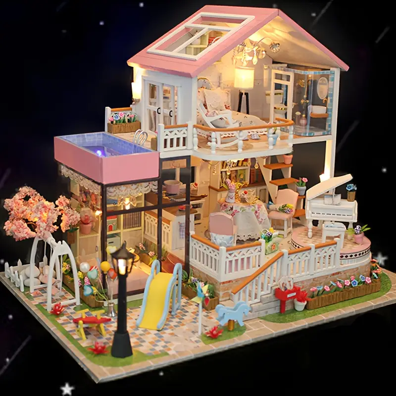 ชุดประกอบโมเดลบ้านสีชมพูขนาดใหญ่ DIY พร้อมเฟอร์