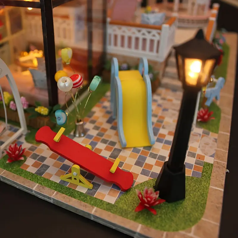 ชุดประกอบโมเดลบ้านสีชมพูขนาดใหญ่ DIY พร้อมเฟอร์